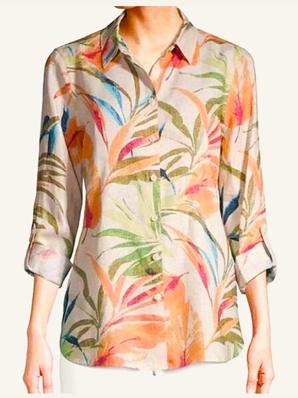 Chico's Floral Linen Tab Sleeves Blouse size 1